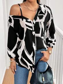 SHEIN Essnce Camicia asimmetrica in stile casual e di strada di nuova moda per donna, con bottoni, adatta per la primavera, l estate o l autunno, outfit da crociera o abbigliamento da insegnante