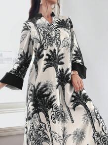 Al Najma 女士随机印花简约日常土耳其长袖阿拉伯连衣裙，卡夫坦 - 黑色 - 查看 8
