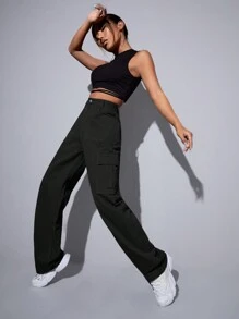 RueChic High Waist Flap Pocket Cargo Jeans - Black - View 5