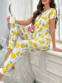 Snug Zone Lemon Printed Women's Short Sleeve Long Pants Pajama Set - Multicolor - View 6