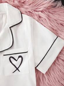 Tween Girl Green Heart Short Sleeve T-Shirt And Shorts 2 Pieces Set , Home Wear - White - View 5