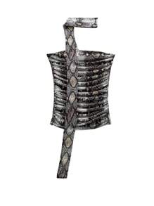 INAWLY Atasan Tanpa Lengan Model Halter Neck Berlipit dengan Motif Kulit Ular untuk Wanita di Musim Panas, Potongan Slim Fit - Dark Grey - View 6