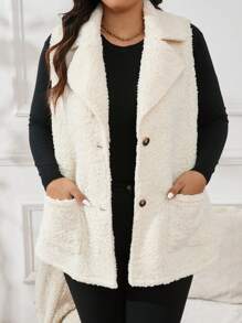 SHEIN Essnce Plus Size Sleeveless Turn-Down Collar Vest With Pockets, For Winter
