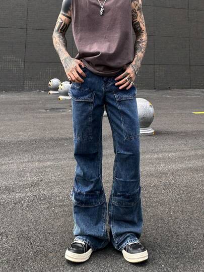 Manfinity Roghcode Pantalones de trabajo nostálgicos y lavados en azul oscuro de estilo callejero vintage Y2K para hombres con múltiples bolsillos y dobladillo acampanado con ajuste holgado
