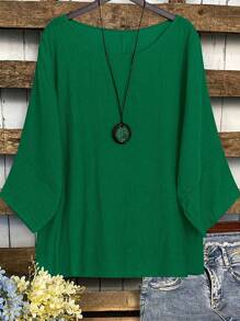 EMERY ROSE Blusa de vacaciones y tiempo libre de manga tipo murciélago de unicolor en talla grande - Verde - Ver 4