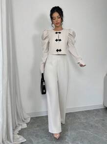 Chiquease Bow Front Gigot Sleeve Crop Jacket - Apricot - View 6