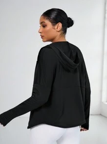 Easithlete 女士純色拉鍊連帽長袖日常健身運動外套 - 黑色 - 查看 2