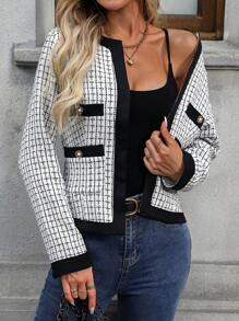 SHEIN Clasi Round Neck Plaid & Printed Elegant Jacket With Open Front And Pockets, Long Sleeve Fall Cloth For Women - Black - View 5