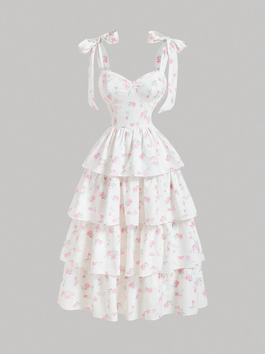 SHEIN MOD 女士浪漫粉色花朵印花复古多层连衣裙、蝴蝶结肩带长裙、单身女郎连衣裙、半正式连衣裙、长礼服、粉色连衣裙、晚礼服、返校节礼服、秋装、白色毕业礼服 - 粉色 - 查看 1