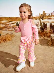 SHEIN 2pcs Baby Girls Pink Long Sleeve Bodysuit And Sunflower Print Pants Set For Autumn - Pink - View 1