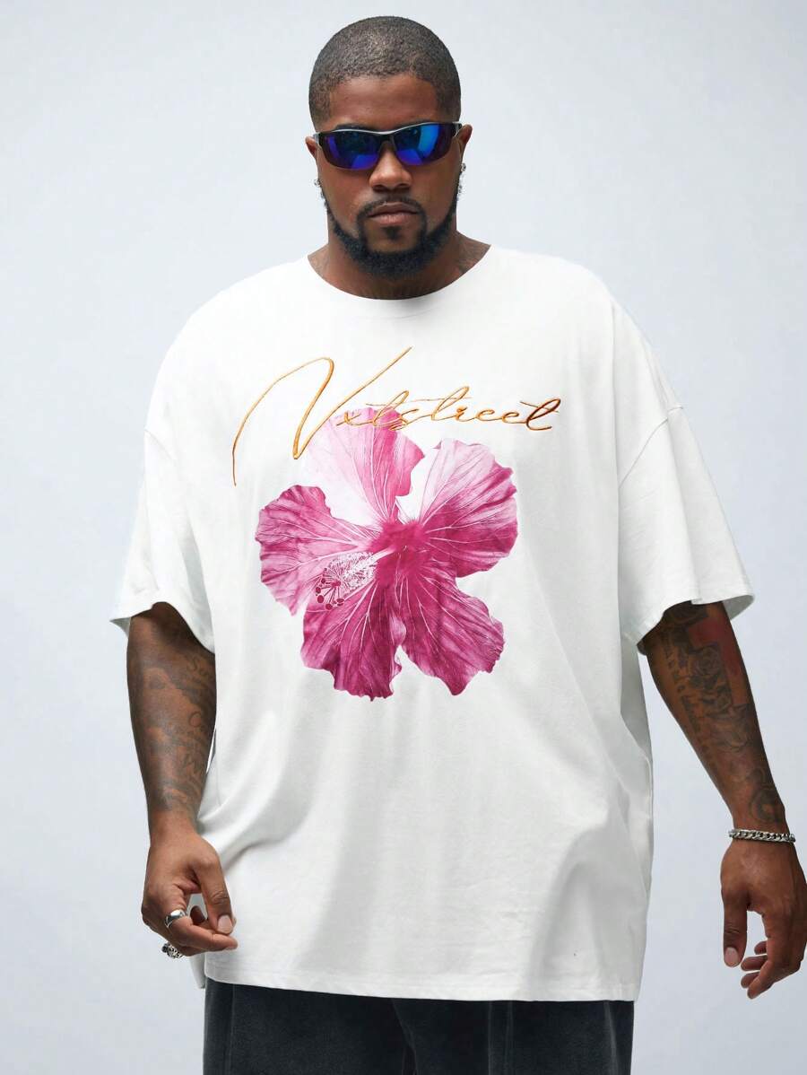 Manfinity VCAY Áo thun nam tay ngắn cổ tròn có kích thước lớn đan hoa in hình dáng rộng, cổ tròn, thích hợp cho trang phục hàng ngày vào mùa hè - trắng - Xem 1