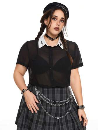 Goth Blusa holgada de gasa con bordado de cruz gótica para mujer de talla grande, de vuelta al colegio