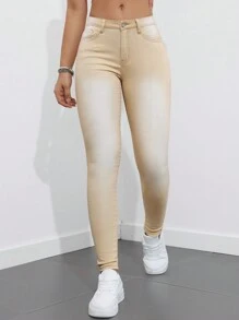 SHEIN Essnce Quần denim nữ Slim Fit thông thường và đa năng có túi - Màu Khaki - Xem 3