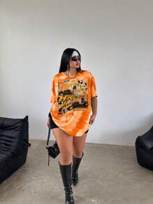 Flirla Plus Size Digital Tie-Dyeing Printed Women's Round Neck Drop Shoulder Sleeve T-Shirt With Motorcycle, Letter And Car Pattern Graphic Tees Women Tops, For Summer - Orange - View 4