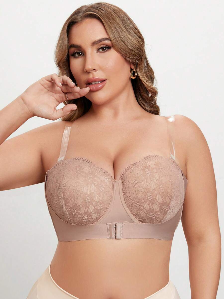 Plus Size Lace Splicing Bra With Underwire, 1pc Lingerie - Apricot - View 1