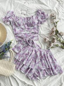 Soleia 女士复古紫色碎花泡泡袖后系蝴蝶结短款上衣和裙子套装，派对/度假休闲装 - 彩色 - 查看 5