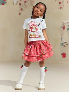 Strawberry Shortcake X SHEIN 少女漫畫印花雙層甜美可愛蛋糕裙 - 粉色 - 查看 5