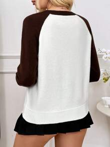 Chiquease Round Neck Long Sleeve Color Block Sweater, Daily Casual Knit Pullover Fall Winter Outfit - Coffee Brown - View 2
