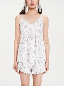 ROMWE Kawaii 可愛貓咪草莓蝴蝶結花卉印花女式睡衣套裝 - 彩色 - 查看 1