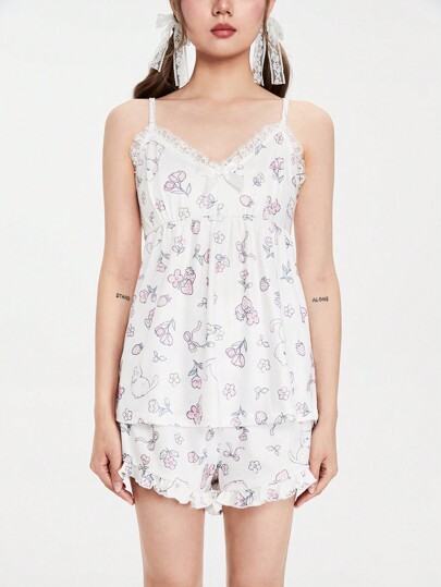 Kawaii Cute Cat Strawberry Bowknot Floral Printed Women's Pajama Set