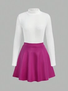 Teen Girls' High Neck Long Sleeve Top And PU Leather Mini Skirt Two Pieces Set - Multicolor - View 9