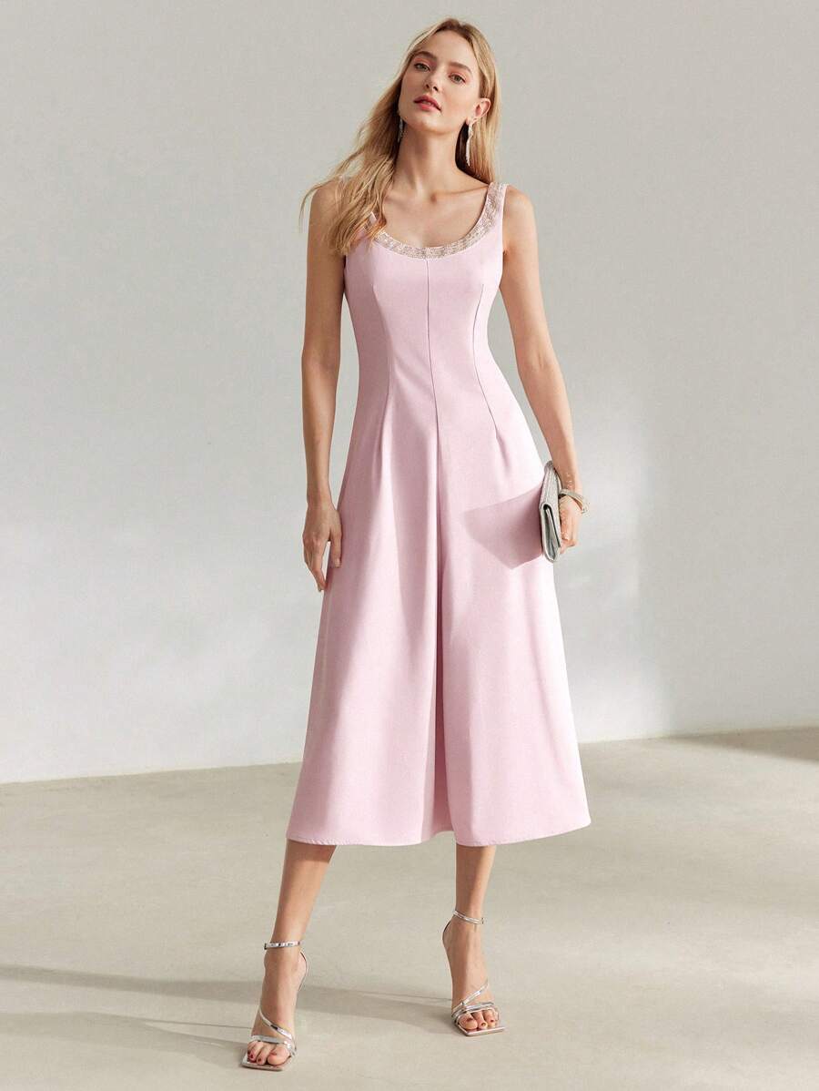 PREMIUM SCOOP NECK BEADED TRIM LOW BACK FLARE HEM MIDI DRESS, WOMEN OUTFIT