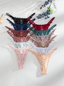SHEIN 12 chiếc/gói quần lót ren gợi cảm G-string lãng mạn cho phụ nữ, đồ lót nhiều màu sắc - Nhiều màu - Xem 6