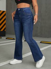 SHEIN EZwear Quần Jeans Ống Loe Thường Ngày Có Túi Cỡ Lớn Cho Nữ, Quần Jeans Ống Loe Thường Ngày Có Túi - Rửa tối - Xem 5