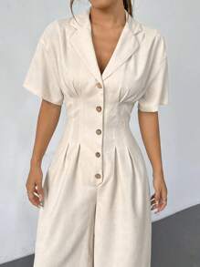 Flirla 女式翻領短袖純色鈕釦連體褲，優雅時尚，潮流酷感