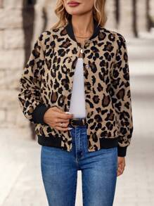 EMERY ROSE Women's Button-Up Baseball Collar Leopard Print Long Sleeve Jacket, Daily Casual Chic - Brown - View 5