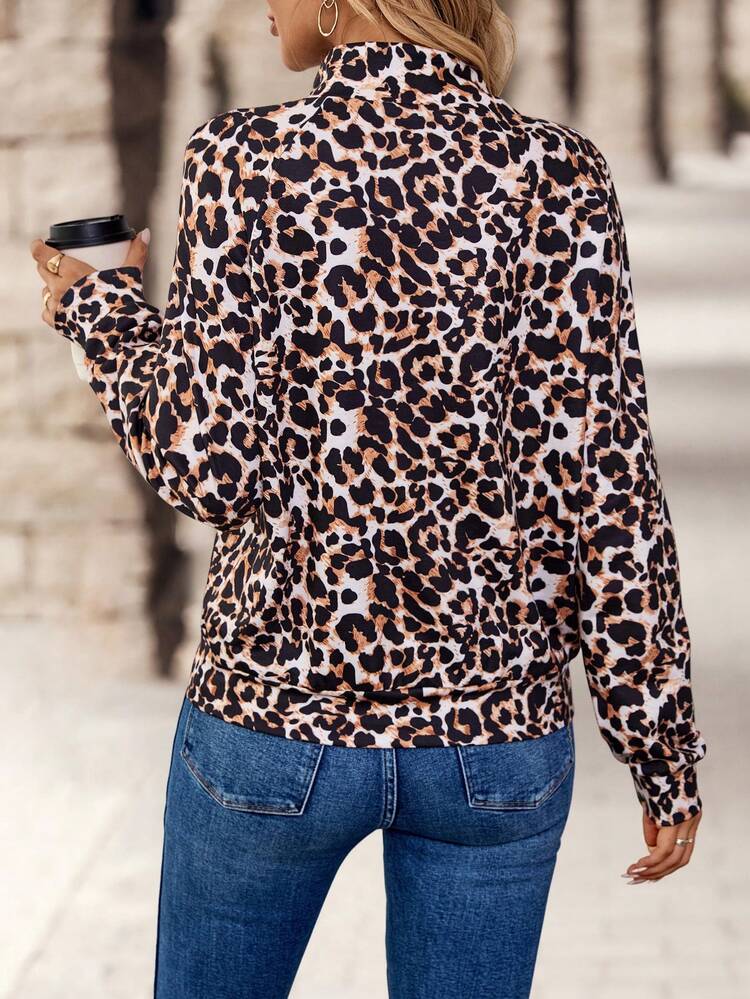 Women's Round Neck Long Sleeve Leopard Print Casual Daily Sweatshirt, Fashionable And Elegant