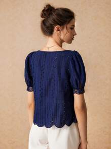 Poéselle Exquisite Floral Embroidery, Square Neck Lace Trim Puff Short Sleeve Scalloped Eyelet Design Blouse, Blue Shirt, Summer Women Dresses, Cute Tops, Women Clothes, Navy Blue Shirt, Homecoming Dresses - Navy Blue - View 5