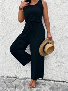 SHEIN Plus Size Women's Summer Solid Color Round Neck Pleated Sleeveless Wide Leg Jumpsuit - Navy Blue - View 5