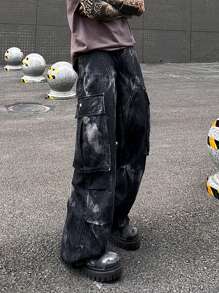 Manfinity Roghcode Y2K復古街頭風格男款黑牛仔工裝寬鬆牛仔褲 - 黑色 - 查看 6