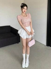 DAZY Women's Valentine's Pink Bow Decor Short Sleeve Tee Cute Tops