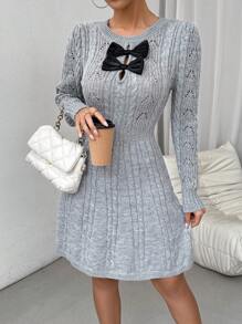Chiquease Women's Round Neck Bowknot Long Sleeve Solid Color Simple Elegant Fashion Charm Sweater Dress Fall Cloth For Women - Grey - View 1
