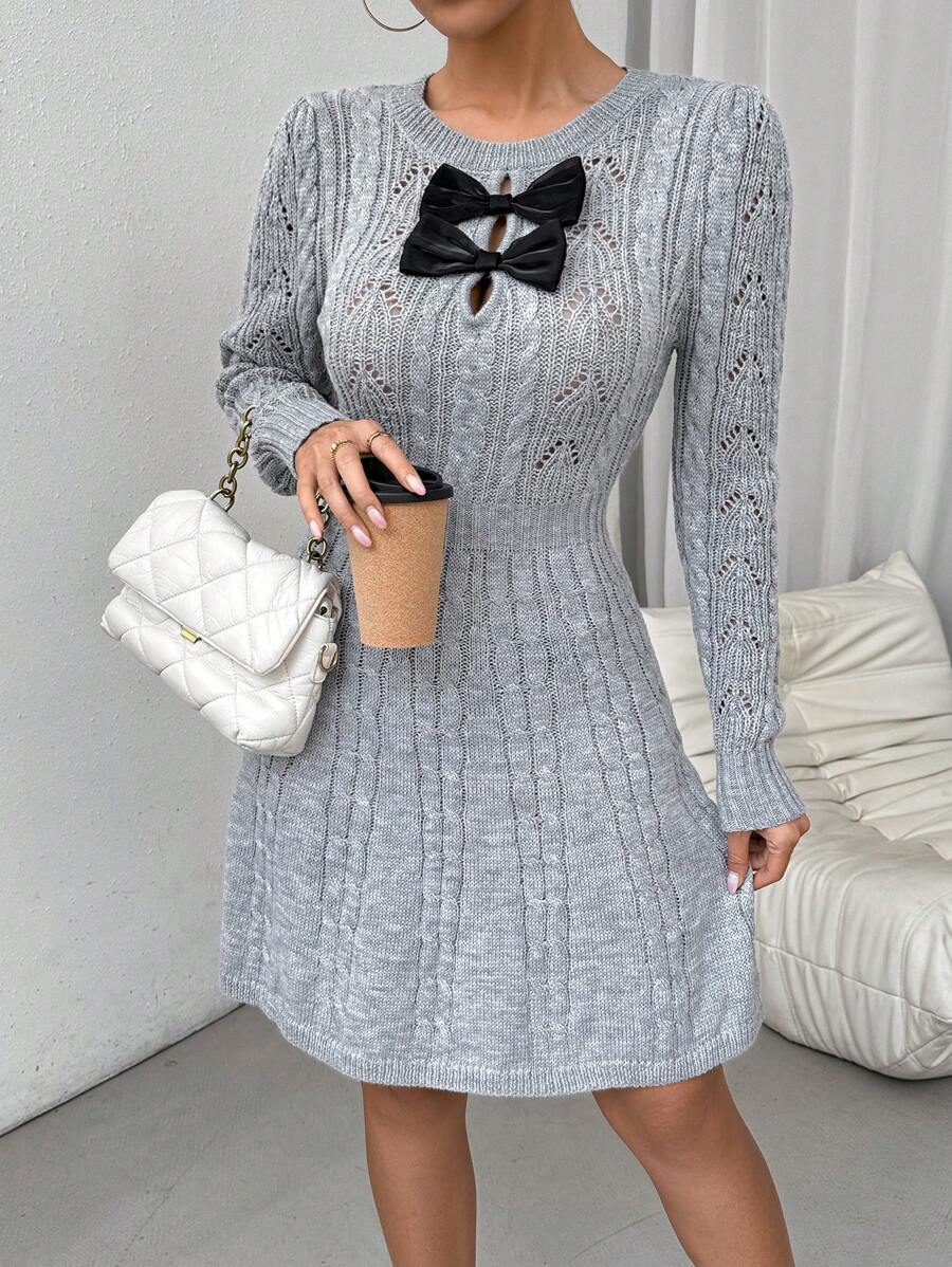 Chiquease Women's Round Neck Bowknot Long Sleeve Solid Color Simple Elegant Fashion Charm Sweater Dress Fall Cloth For Women - Grey - View 1