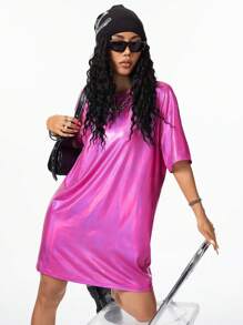Coolane Women's Fashionable Music Festival Style Metallic Pink Women's T-Shirt Dress - Hot Pink - View 4