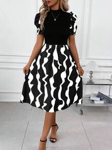 SHEIN Clasi Women's Yin Yang Geometric Print Patchwork Short Sleeve Dress - Black and White - View 6