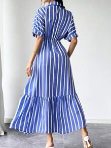 SHEIN Privé Blauw-wit gestreepte lange damesjurk met ruches aan de mouwen