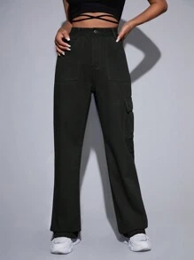 RueChic High Waist Flap Pocket Cargo Jeans - Black - View 3