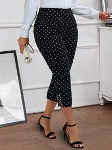 EMERY ROSE 大码女式波尔卡圆点印花侧开衩秋季紧身裤 - 黑色 - 查看 3
