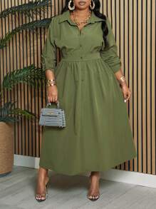 Slaydiva Plus Size Elegant & Commuting & Daily Wear Half-Opening Green Shirt Style Long Dress With Waist Belt, Spring & Autumn - Army Green - View 8