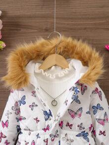 Manteau matelassé à capuche épaissi avec imprimé papillon mignon pour jeunes filles, hiver - Blanc - Voir 6