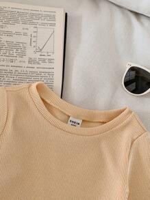 SHEIN Babygirl Basic Simple Solid Color Stretchy Long Sleeve Top, Autumn & Winter, Multi-Pack - Black - View 7