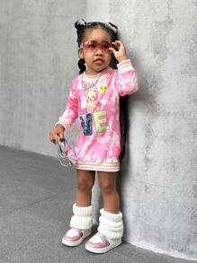 Baby Girls' Fun Bear & Heart Printed Tie Dye Dress With Large Letter Print, And Cool For Outing - Pink - View 3