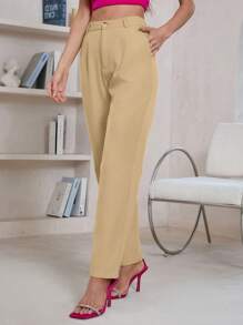 GENKIRA Quần tây ống côn màu trơn thông thường dành cho nữ - Màu Khaki - Xem 6