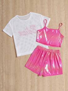 3pcs/Set Tween Girls' Daily Casual Wear - Mesh Knit Short Sleeve Top, Knit Solid Color Camisole Top, Straight Shorts