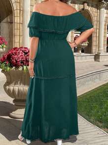 SHEIN LUNE Plus Size Đầm voan phối ren màu trơn dành cho nữ với đường viền cổ trễ vai - Màu xanh lá cây đậm - Xem 2