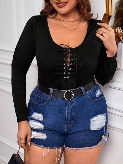 SHEIN Essnce Camiseta negra de manga larga con cuello redondo, sexy y ajustada, para mujer de talla grande, ideal para otoño e invierno, top básico, tops de mujer de otoño, tops para curvas, ropa de fiesta, disfraz, atuendos de otoño para mujeres, ropa de Halloween, tops lindos